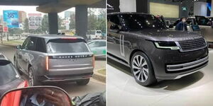 A photo collage of the 2022 Range Rover L460 car photographed in Nairobi on April 27, 2023 (left) and the vehicle in a showroom during its launch in 2022 (right).