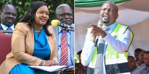 A photo collage of Trade CS Rebecca Miano speaking at an event at State House Uganda on October 5, 2023 (left) and Public Service Moses Kuria during the launch of an Industrial Park on October 5, 2023 (right).