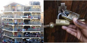 A photo collage of a rental building in Nairobi (left) and a locked door (right).
