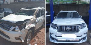 A collage of before and after photos of a restored white Toyota Prado which was involved in an accident. 