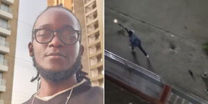 A photo collage of Rex Masai (left) and police shooting at protesters on June 20, 2024.