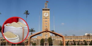 An image of the entrance to the Parliament buildings in Nairobi and an insert of rice in a sack.