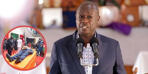 Former Deputy President Rigathi Gachagua addressing a congregation at a past chruch service and an insert of former Prime Minister Raila Odinga's body lying at parliament buildings for viewing.