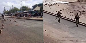 A screengrab of youth in Nairobi battling police along Likoni Road on Monday, March 28. 