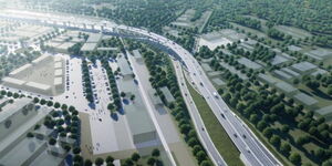 An artistic impression of a complete Rironi-Mau Summit highway captured in an aerial view.