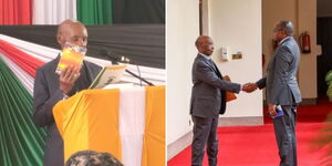 RMS owner SK Macharia takes oath of office in Murang'a (left) and he meets an official at State House in June 2023.