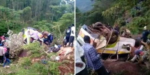 A 14-seater matatu overturns after vehicle losses control due to brake failure at Kwambisu along Kikima-Kali Road in Makueni County on December 16, 2023 