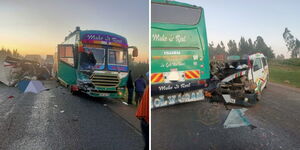 A photo collage of an accident between a 14-seater matatu and a 60-seater bus at the Hill Tea area along the Eldoret-Nakuru Highway on December 18, 2023