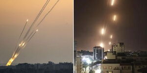 A photo of rockets being fired from the Gaza Strip into Israel in 2014 (left ) and May 11, 2021 (right).