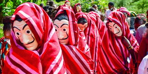 The bride-to-be, together with other ladies wrapped from head to knee in a ruracio ceremony in Kericho County