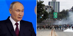 Russian President Vladimir Puti (left) and Kenyan protesters in the streets.