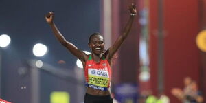 Half Marathon Word record holder Ruth Chepngetich at the finish line of a past race.