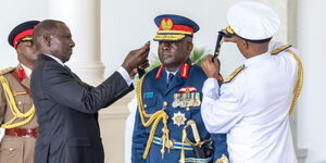 From left: President William Ruto, Vice CDF Lieutenant General John Mugaravai Omenda and CDF General Charles Muriu Kahariri at State House on May 3, 2024.