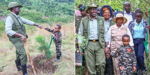 Quintine Gitau fist-pumping President William Ruto in Murang'a County on May 10, 2024.