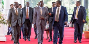 From the left, Deputy President Rigathi Gachagua, President William Ruto (centre) and Foreign Affairs Cabinet Secretary Musalia Mudavadi alongside other Cabinet Secretaries after a cabinet meeting held on March 13, 2024