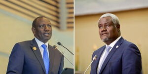 President William Ruto (left) and the African Union Commission (AUC) Chairperson Moussa Faki