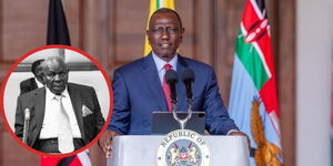 President William Ruto addressing a presser at State House in Nairobi and an insert of Kimani Ichung'wah's deceased father Mzee Ngugi.