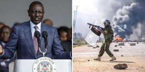 A photo collage of President William Ruto and a police officer aiming at protestors 