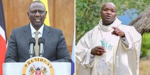 A photo collage of President William Ruto during a press address at State House (left) and Father Allois Cheruiyot Bett.