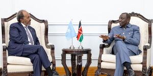 Somalia President Hassan Sheikh Mohamud (left) and President William Ruto during a meeting at State House in Nairobi on April 12, 2024