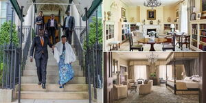 A photo collage of President William Ruto and First Lady Rachel walking down the stairs of the Blair House and different rooms inside the structure. 