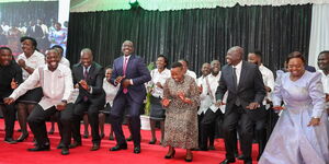 President William Ruto, First Lady Rachel Ruto, Deputy President Rigathi Gachagua and Pastor Dorcas Rigathi dancing during New Year Celebrations in Nakuru on January 1, 2024.