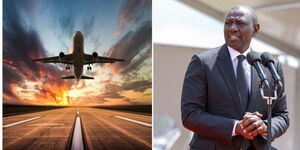 Collage Image of a flight mid-air and President Ruto during an event 