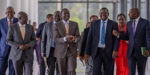 President William Ruto, Deputy President Riagthi Gachagua and some former CSs after a Cabinet meeting in April 2024.