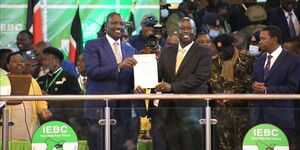 An image of President William Ruto and Deputy President Rigathi Gachagua during the announcement of the Presidential results at Bomas, Nairobi.