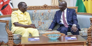 President William Ruto exchange pleasantries with Vice President Mahamudu Bawumia upon landing in Accra Ghana on his State visit on Tuesday, April 2, 2024.