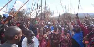 Deputy President William Ruto dances during the Olngesher Lool Ilmerishie ceremony in Kajiado County.