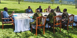 President William Ruto hosting Interior Cabinet Secretary Kithure Kindiki and other security officials at a meeting in Kilgoris on March 30, 2023.