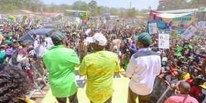 From left: Party leaders Musalia Mudavadi (ANC), William Ruto (UDA) and Moses Wetangula (Ford-Kenya) at a rally in Nakuru County on January 26, 2022