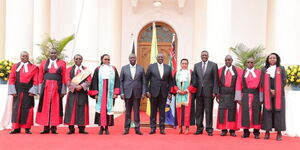 President William Ruto and Deputy President Rigathi Gachagua during the swearing in of 6 judges. 