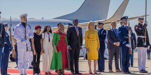 President William Ruto and First Lady Rachel (centre) arrive at Joint Base Andrews in Maryland on May 22, 2024. They were received by the First Lady of the United States, Dr. Jill Biden (yellow dress).