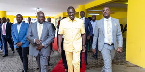 President William Ruto (centre), Deputy President Rigathi Gachagua and UDA Secretary-General Cleophas Malala during a party meeting at UDA headquarters on April 2, 2024.