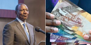 President William Ruto speaking during the launch of a hotel in Westlands on March 26, 2024 (left) and new currency notes.