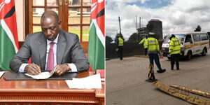 President William Ruto assenting to a Bill at State House on November 23, 2023 (left) and traffic police officers along Thika Road on April 19, 2024.