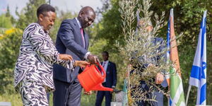 President William Ruto and First Lady Rachel Ruto watering a tree in Israel on May 10, 2023.