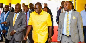 President Willliam Ruto (middle) alongside Deputy President Rigathi Gachagua and UDA SG Cleophas Malala at the party headquarters on March 2, 2024.