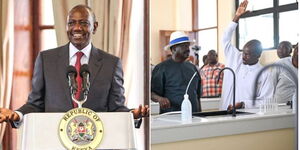 Photo collage of President William Ruto speaking Kenya Kwanza Parliamentary Group meeting at State House, Nairobi on Tuesday May 23, 2023