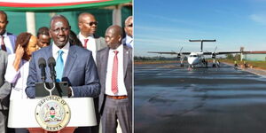 Photo collage of President William Ruto during the flagging off of oxygen cylinders to Counties at State House on Monday April 17, 2023 and a plane on JKIA runway on September 15, 2022