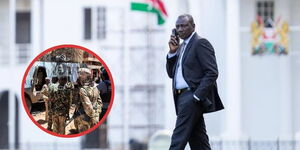 President William Ruto holding a phone call and an insert of Sudan's paramilitary Rapid Support Forces (RSF).