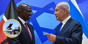 A photo collage of President William Ruto with Israeli Prime Minister Benjamin Netanyahu at the Prime Minister's Office in Jerusalem, Tuesday, May 9, 2023 and SPYDER Air Defense System.
