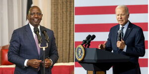 Photo collage between President William Ruto and US President Joe Biden Speaking on Sunday April 23, 2023