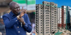 President William Ruto addressing residents of Meru County on January 25, 2024 (left) and affordable houses constructed in Nairobi County.