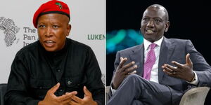 A photo collage of South Africa’s Economic Freedom Fighter (EFF) party leader Julius Malema in Makueni County on November 9, 2023 (left) and President William Ruto speaking during an interview in Saudi Arabia on October 24, 2023