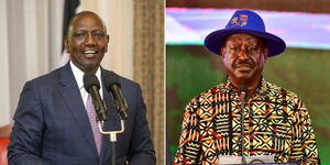 A photo collage of President William Ruto addressing MPs at State House on April 11, 2023 (left) and former Prime Minister addressing Azimio lawmakers on August 16, 2022 (right).