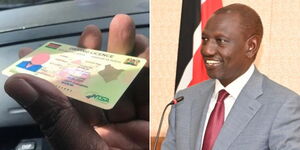 President William Ruto speaking in Mozambique on August 12, 2023 (left) and a sample of the Kenyan smart driving licence (right).