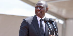 President William Ruto delivering a speech during the burial ceremony of the late Kelvin Kiptum in Elgeyo Marakwet on Friday, February 23,2024. 